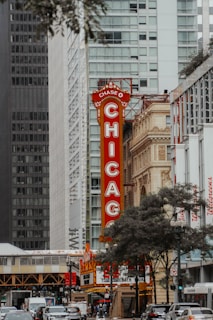 A vibrant city skyline with skyscrapers representing Chicago's music scene.