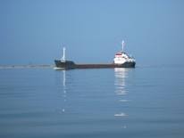 A large cargo ship is floating on calm ocean water with a distant shoreline in the background. The ship has a dark hull, a white superstructure, and some red and blue details. There is a reflection of the ship in the water, contributing to the serene atmosphere of the scene.