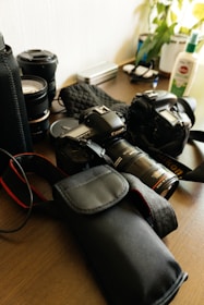 A collection of photography equipment on a wooden surface, including two DSLR cameras, camera lenses, a camera strap, lens cases, and a few miscellaneous items. A small potted plant and a bottle of lotion or cleaning solution are also visible in the background.