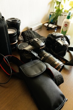 A collection of photography equipment on a wooden surface, including two DSLR cameras, camera lenses, a camera strap, lens cases, and a few miscellaneous items. A small potted plant and a bottle of lotion or cleaning solution are also visible in the background.