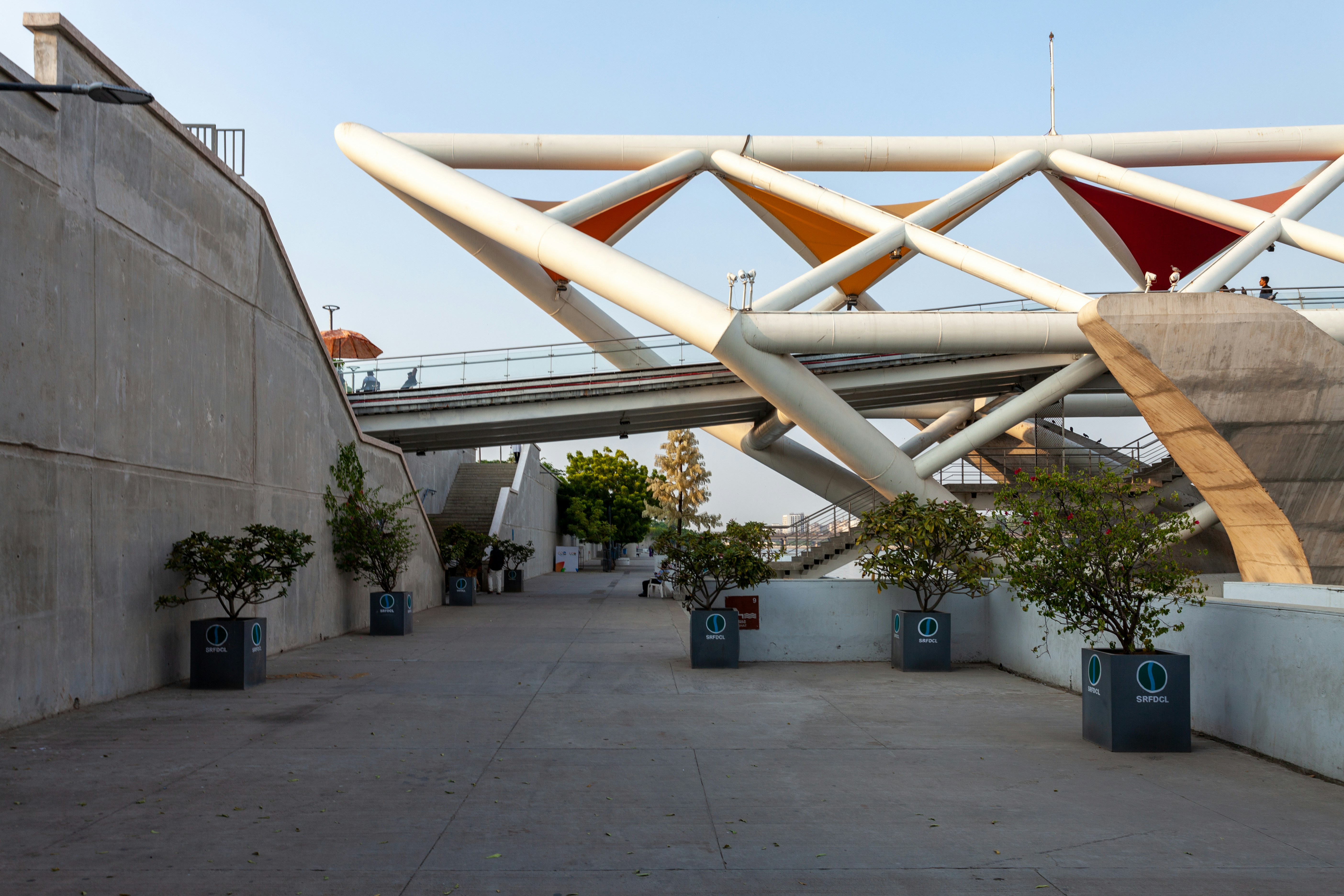 a building with a bridge in the background