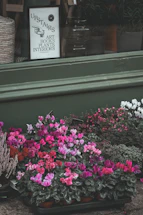 A bright, welcoming flower stand set up outdoors with fresh blooms and a booking calendar visible nearby.