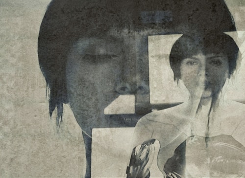 An artistic composition featuring a double exposure effect with faded, overlapping images of a person's face and silhouette. The image has an aged, textured look, giving it a vintage, mysterious feel.