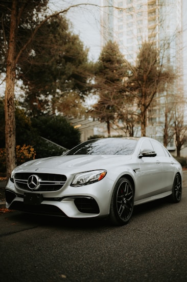 A sleek silver Mercedes-Benz car parked on the street surrounded by trees with a cityscape in the background. The car has a polished exterior and black alloy wheels, creating a contrast against the natural and urban environment.