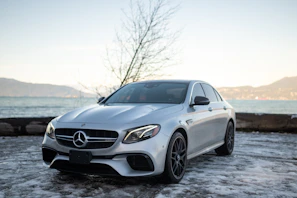A luxury chauffeur waiting beside a polished car against a backdrop of crisp mountain air.