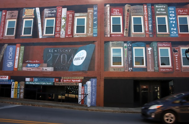 A mural painted on a brick building facade depicts colorful book spines arranged in rows, simulating a giant bookshelf. Each 'book' has a different title and design, with sections incorporating windows as part of the artwork. Text and decorative elements enhance the trompe-l'œil effect, giving the appearance of a library.
