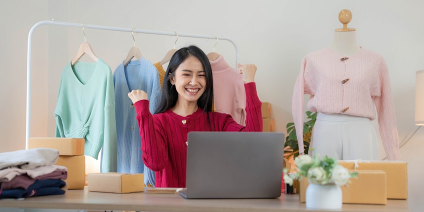 A woman sitting at a desk looks excited with her fists raised in celebration. She is surrounded by clothing items on hangers and cardboard packages. A laptop is open in front of her and a potted plant sits nearby.