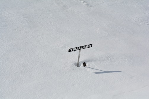 A solitary trail marker labeled 'Trail of 98' stands in a vast expanse of snow. The snow is undisturbed and smooth, suggesting a remote and quiet location. The marker casts a long shadow on the snow.