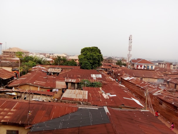 A wide view of a residential area featuring numerous houses with rusted, corrugated metal roofs. The landscape is relatively flat with some greenery, including trees, interspersed among the buildings. A telecommunications tower is visible in the distance, along with a mix of older and renovated buildings. Overhead utility cables are also present.