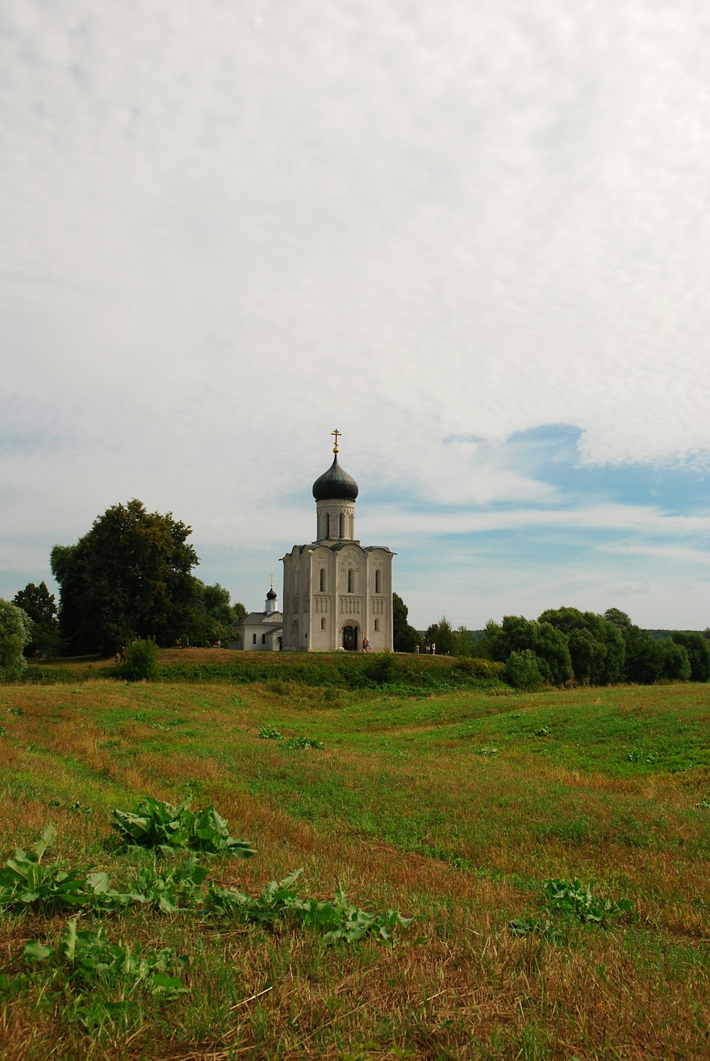 a large white building sitting on top of a lush green field