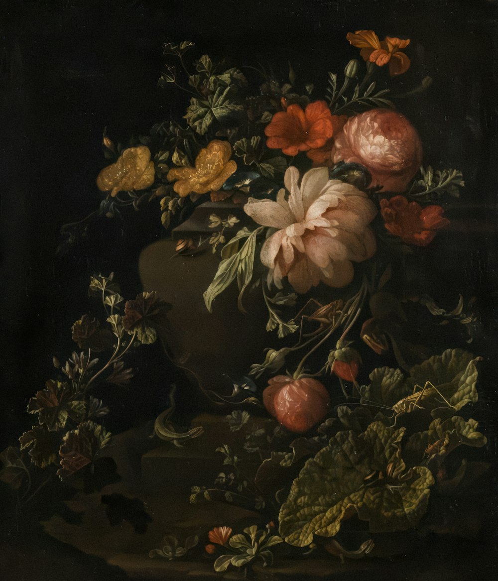 a painting of flowers in a vase on a table