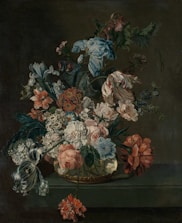 a painting of flowers in a vase on a table