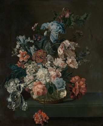 a painting of flowers in a vase on a table
