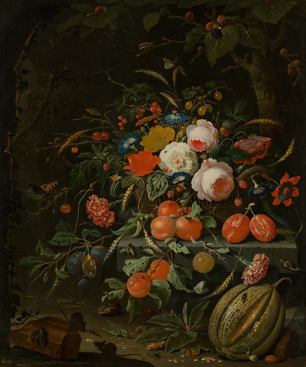 a painting of flowers and fruit on a ledge