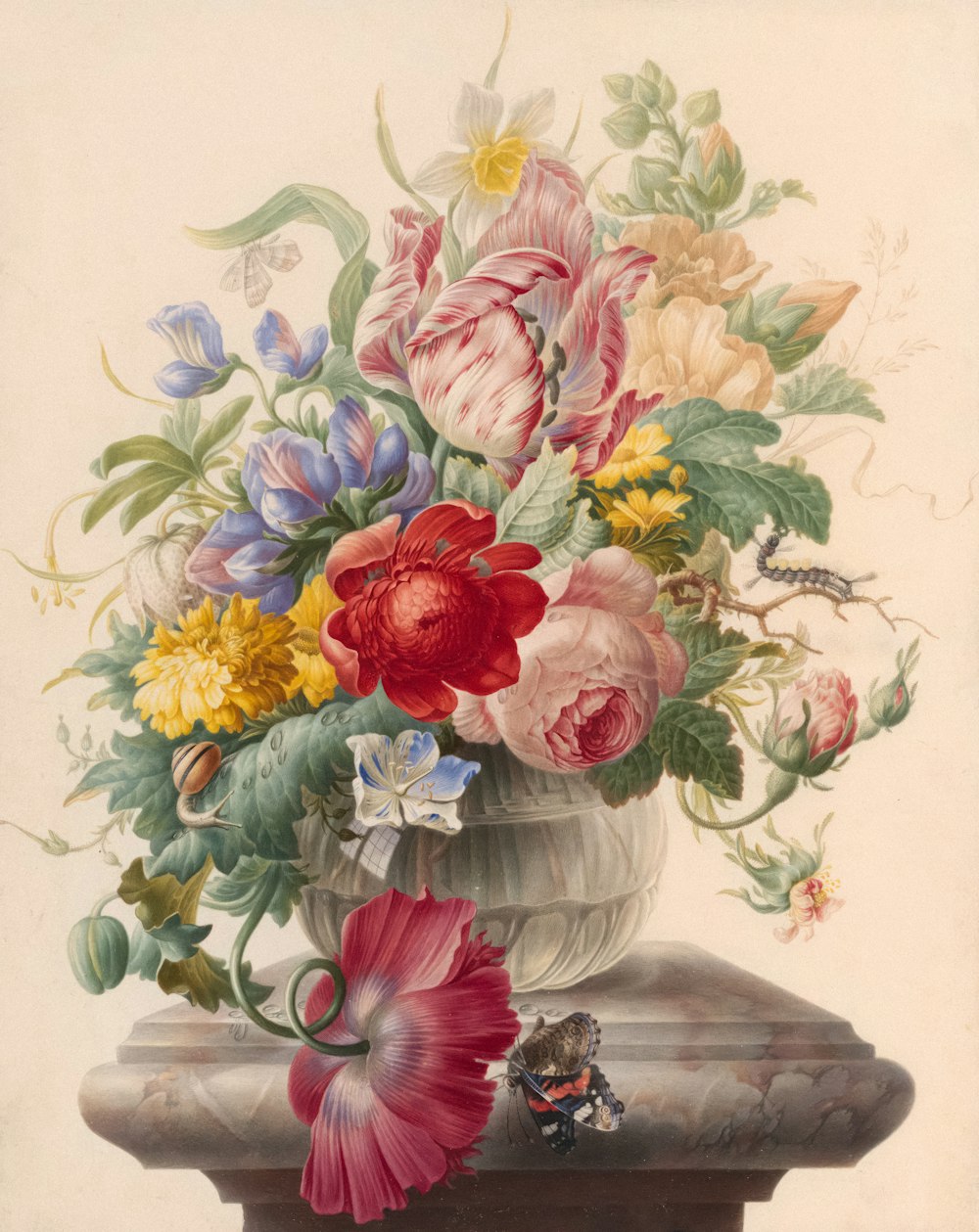 a painting of flowers in a vase on a table