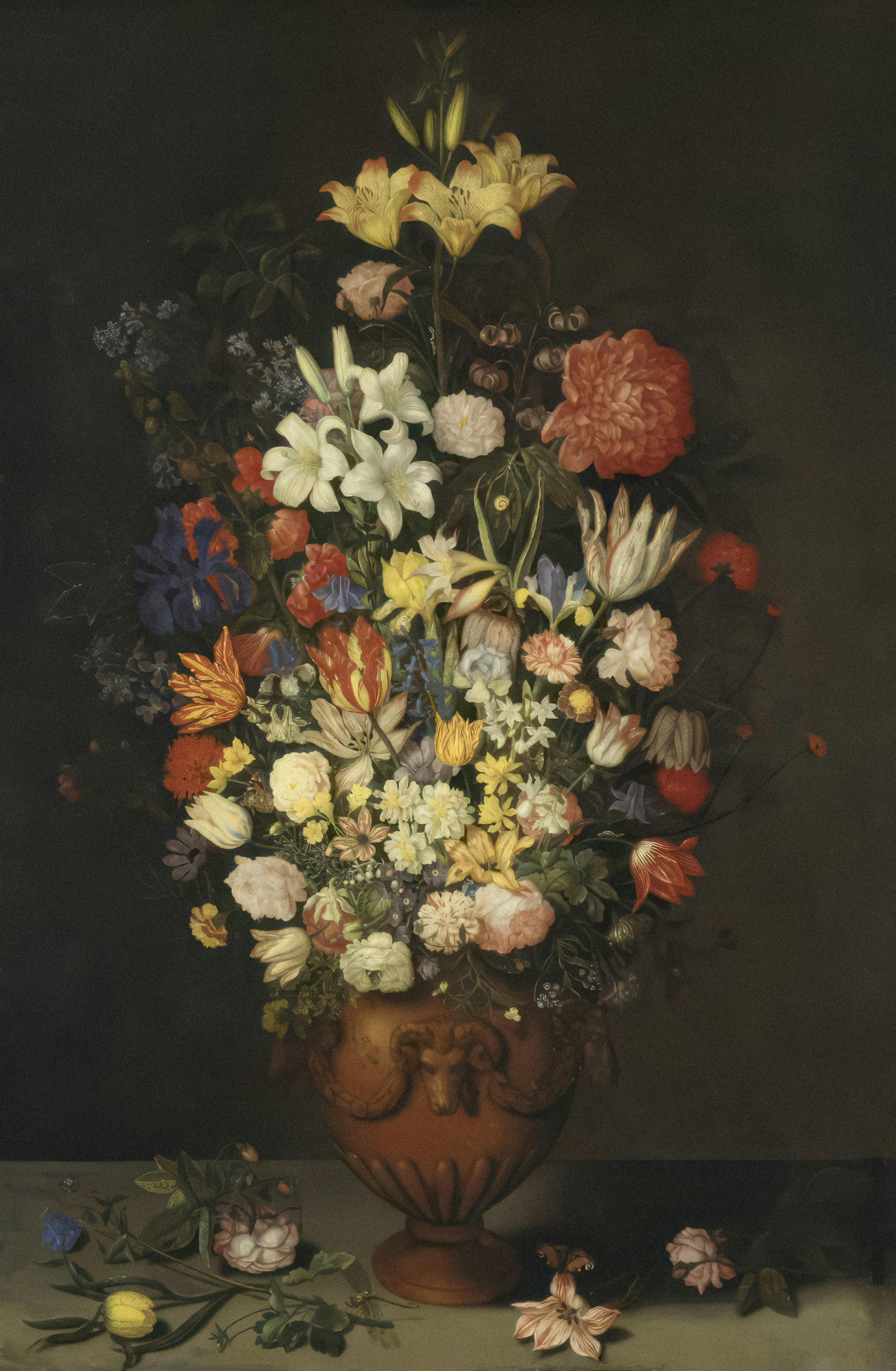 a painting of flowers in a vase on a table