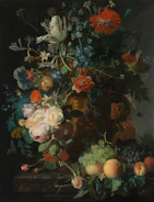 Still life oil painting featuring flowers and fruits in soft light.