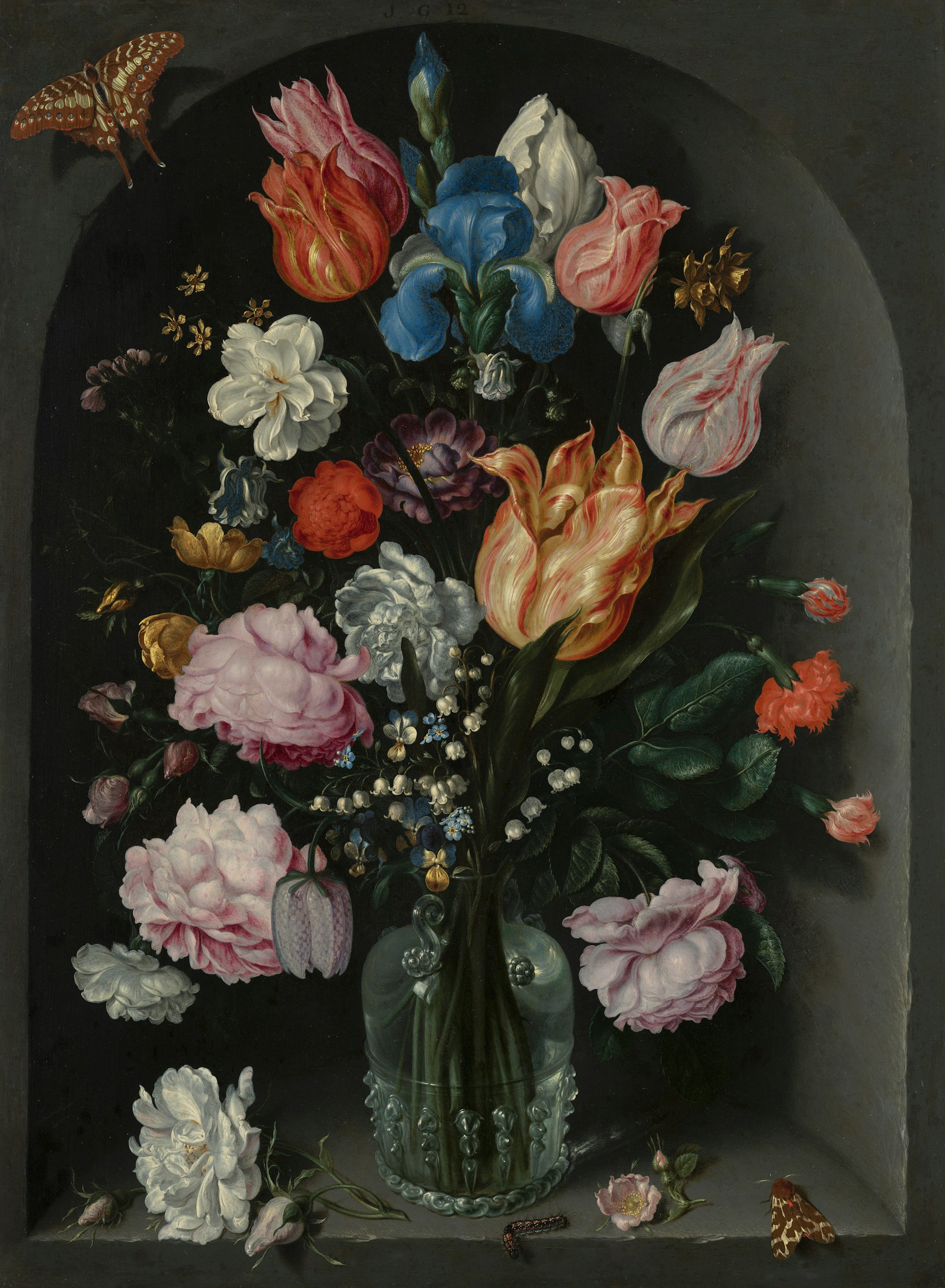 a painting of flowers in a vase on a ledge