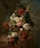 A lush, ornate arrangement of various flowers displayed against a dark, muted background. The bouquet features a mix of white, red, pink, and yellow blossoms interwoven with rich green foliage, creating a sense of depth and opulence.