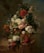 A lush, ornate arrangement of various flowers displayed against a dark, muted background. The bouquet features a mix of white, red, pink, and yellow blossoms interwoven with rich green foliage, creating a sense of depth and opulence.