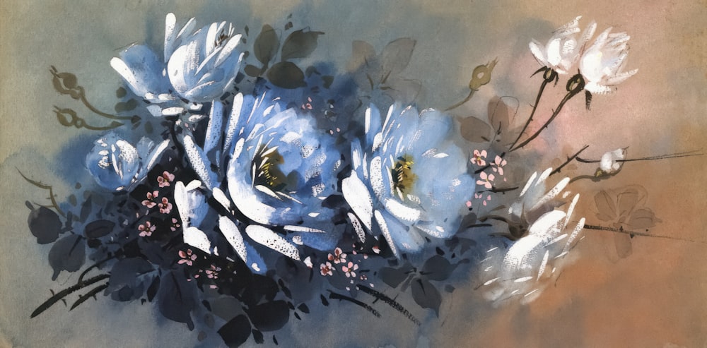 a painting of blue and white flowers in a vase