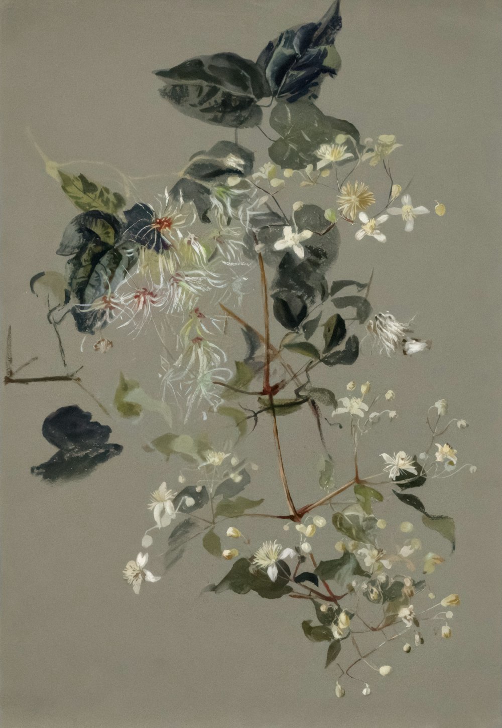 a painting of white flowers and green leaves