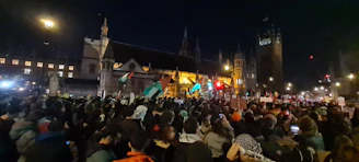 A striking photojournalism moment capturing protesters waving flags at sunset in a busy city square.