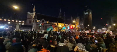A striking photojournalism moment capturing protesters waving flags at sunset in a busy city square.