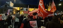 A nighttime protest scene with a large crowd holding signs and banners. Prominent red flags display the word 'Socialist,' and various signs convey messages, including 'Freedom for Palestine.' The background features an illuminated historic building, suggesting a significant location for the protest.