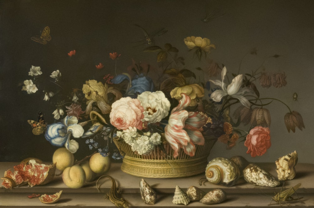 a painting of flowers and shells on a table