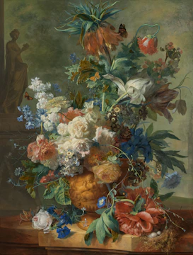 Still life painting featuring delicate flowers in soft light.