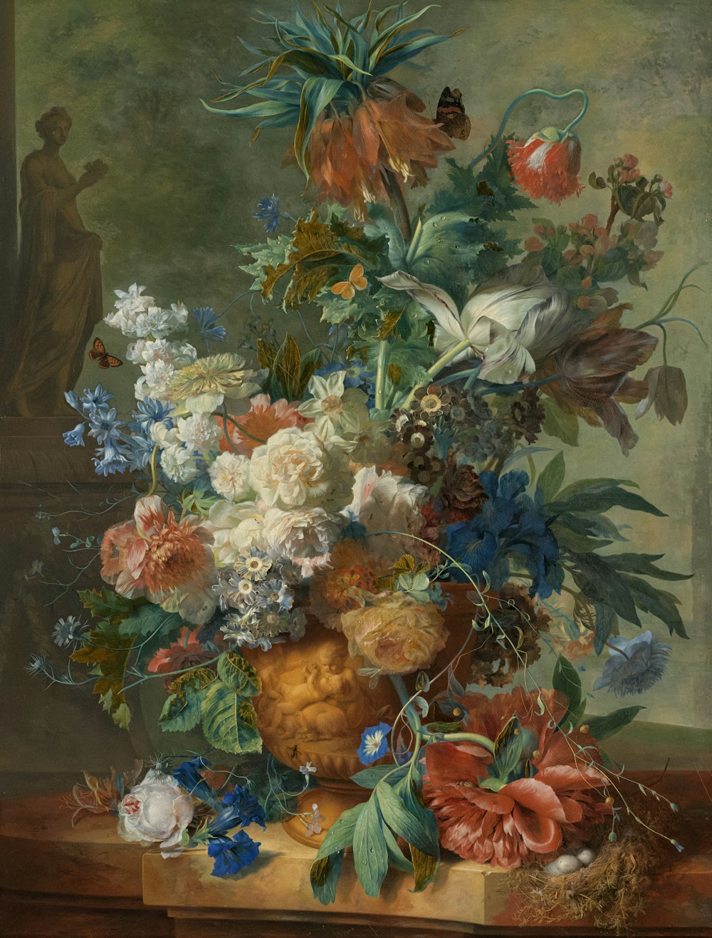 a painting of flowers in a vase on a table