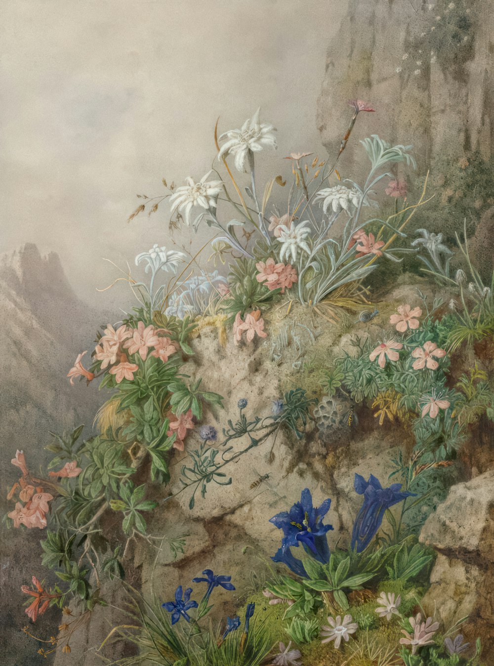 a painting of flowers on a rocky cliff
