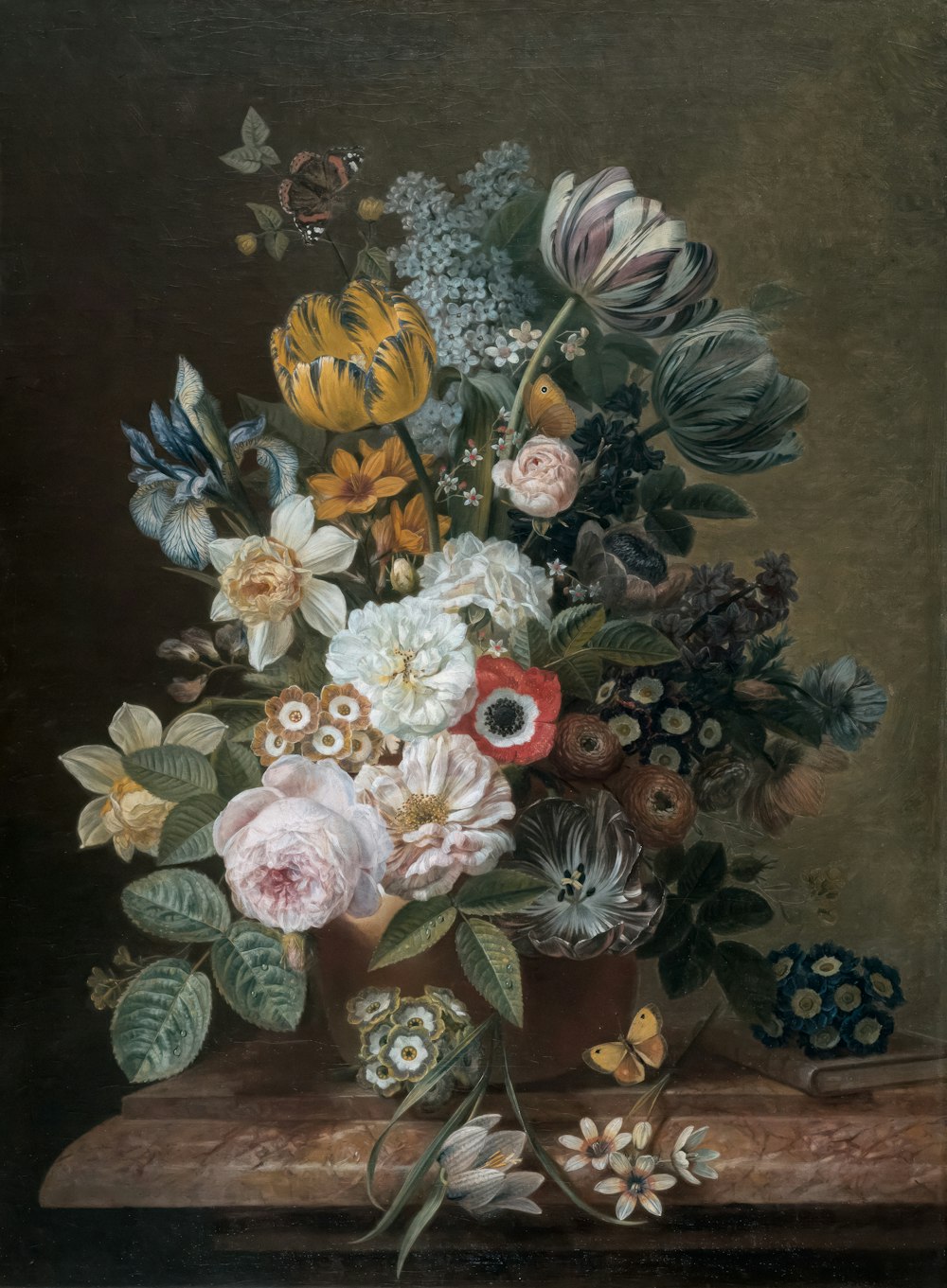 a painting of flowers in a vase on a table