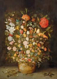 a painting of flowers in a vase on a table