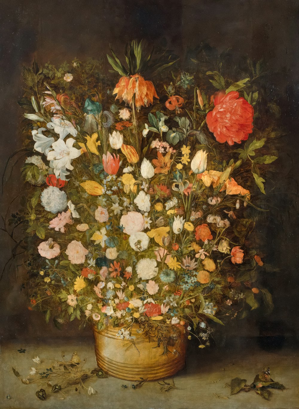 a painting of flowers in a vase on a table