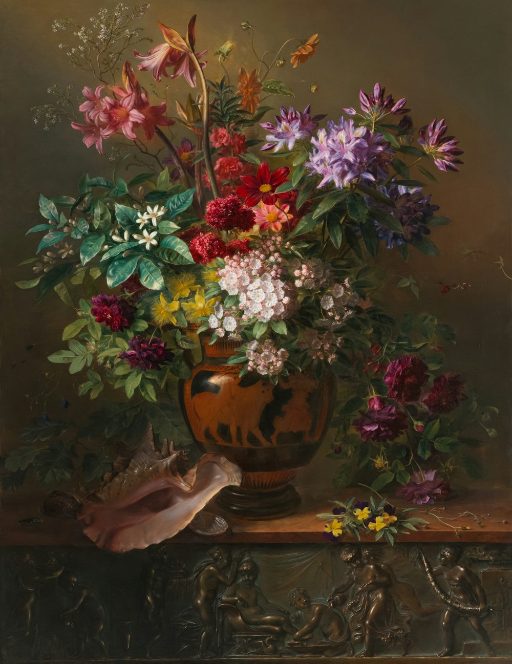 a painting of flowers in a vase on a table