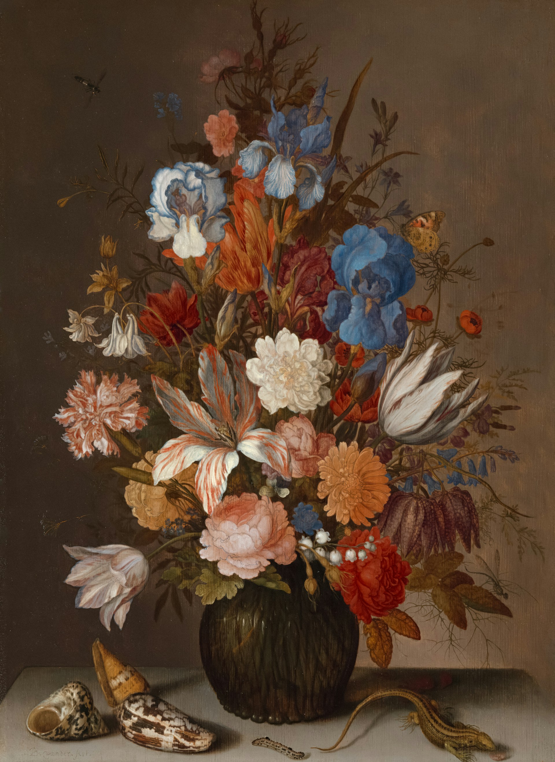 a painting of flowers in a vase on a table