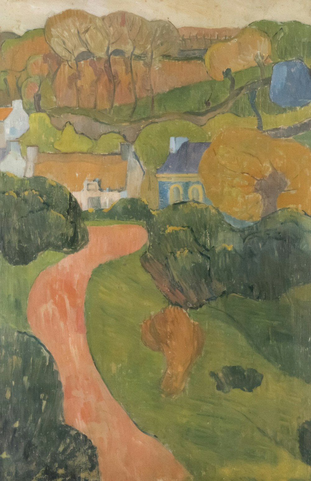 a painting of a rural landscape with houses and trees