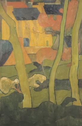 An abstract painting featuring a blend of geometric shapes and organic forms. The composition is dominated by vertical green shapes resembling tree trunks, set against a background of warm yellows and oranges that suggest a building and autumn foliage. The forms and colors create a sense of depth and layers in the image.