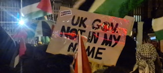 A protest scene featuring a sign with the text 'UK GOV: NOT IN MY NAME' held up among a group of people. Several flags with red, green, white, and black colors are also visible, and there is a bright light shining in the background.