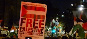 A nighttime scene featuring a political protest. A large sign with the message 'Free Palestine, End Israeli Occupation' is prominently displayed. The sign includes a graphic of the Palestinian flag and smaller text references to the Palestine Solidarity Campaign. A crowd of protesters is in the background, with many waving flags and holding various signs.