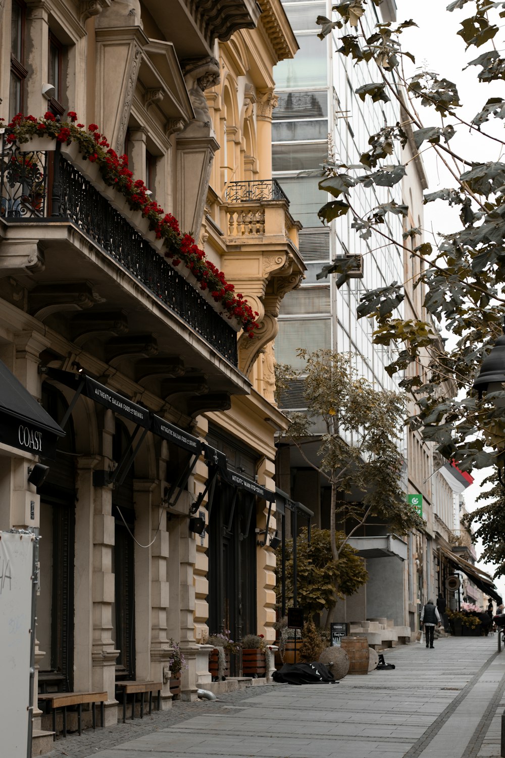 a city street lined with tall buildings and flowers