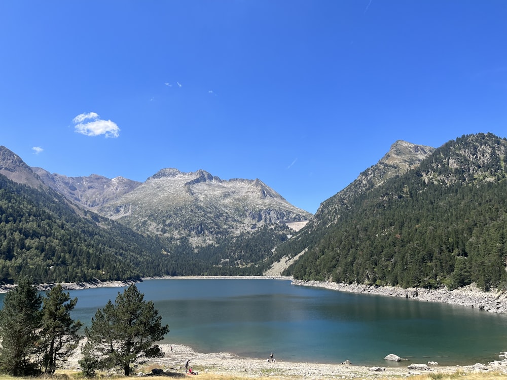 a lake surrounded by mountains and trees on a sunny day