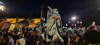A night-time protest with a large crowd of people gathered in front of an illuminated historic building. Many participants hold flags and banners, including a prominent black and white placard with the word 'STOP' and artistic drawings. The scene is dynamic, with various national flags visible in the crowd.