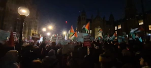 An evening protest in a city square illuminated by streetlights and placards