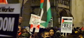A crowd is gathered, holding various signs and flags related to political activism. Some signs include text advocating for Palestine, with phrases such as 'Free Palestine' and 'Stop the War on Gaza'. People in the crowd are dressed warmly, suggesting a nighttime or cool-weather setting.