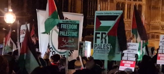 A group of people holds signs and banners with messages supporting Palestine, including 'Freedom for Palestine' and 'End Israeli State Terror'. The signs display the colors of the Palestinian flag, and the scene appears to be outdoors in a dimly lit area.