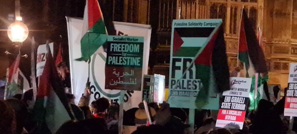 A group of people holds signs and banners with messages supporting Palestine, including 'Freedom for Palestine' and 'End Israeli State Terror'. The signs display the colors of the Palestinian flag, and the scene appears to be outdoors in a dimly lit area.