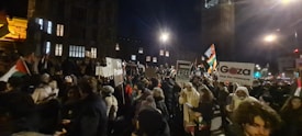 A large group of people gathered outdoors during the night, many of whom are holding various signs and banners. Some of the signs read 'Free Palestine' and 'Gaza, stop the massacre.' The crowd is densely packed, with many individuals wearing winter clothing such as jackets and hats.